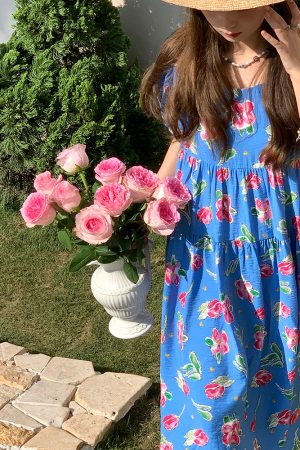 Blue Floral Square Neck Short Sleeve Dress for Women - Vintage Loose Puff Sleeve Long Dress - Late Spring 90s Inspired Summer Style
