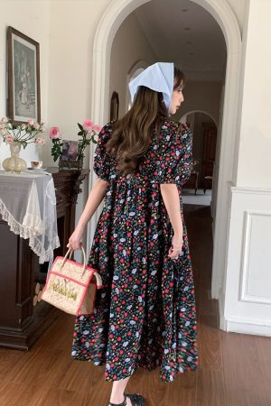 Blue Floral Square Neck Short Sleeve Dress for Women - Vintage Loose Puff Sleeve Long Dress - Late Spring 90s Inspired Summer Style