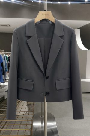 Blue-Gray Short Suit Jacket for Women - Trendy Spring Autumn Style for Petite Office Commuting - High-End Fashion 2025