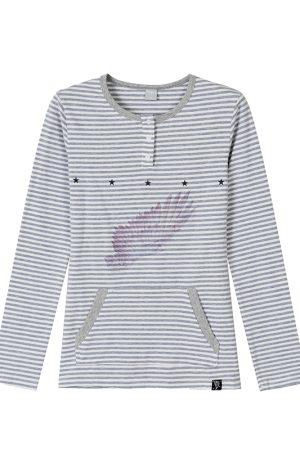 Blue-Grey Striped Long Sleeve T-Shirt with Small Wings Print - Slim Fit Round Neck Women's Tee for Spring 90s Y2K Style