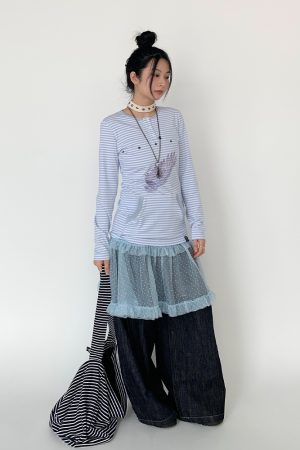 Blue-Grey Striped Long Sleeve T-Shirt with Small Wings Print - Slim Fit Round Neck Women's Tee for Spring 90s Y2K Style