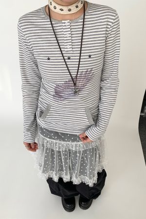 Blue-Grey Striped Long Sleeve T-Shirt with Small Wings Print - Slim Fit Round Neck Women's Tee for Spring 90s Y2K Style