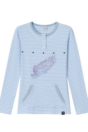 Blue-Grey Striped Long Sleeve T-Shirt with Small Wings Print - Slim Fit Round Neck Women's Tee for Spring 90s Y2K Style