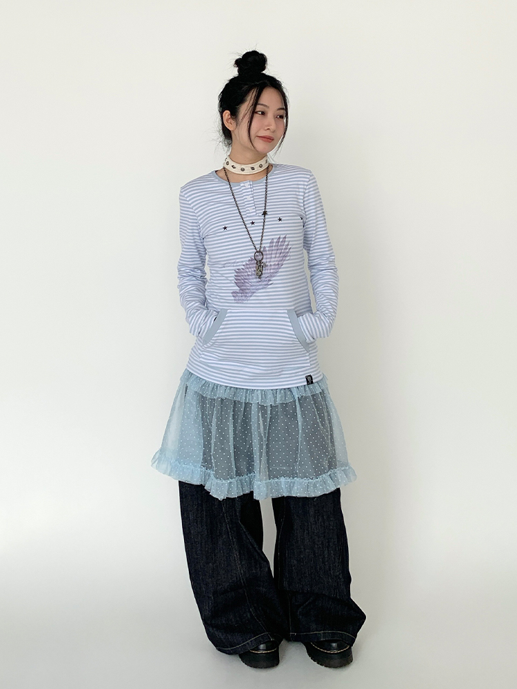 Blue-Grey Striped Long Sleeve T-Shirt with Small Wings Print - Slim Fit Round Neck Women's Tee for Spring 90s Y2K Style Blue-Grey Striped Long Sleeve T-Shirt with Small Wings Print - Slim Fit Round Neck Women's Tee for Spring 90s Y2K Style