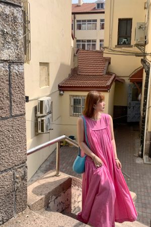 Blue Island Pink Makeup Retro Linen Vest Dress - Women's Summer Micro-Pleated A-Line Midi Dress, Vintage Style Fashion