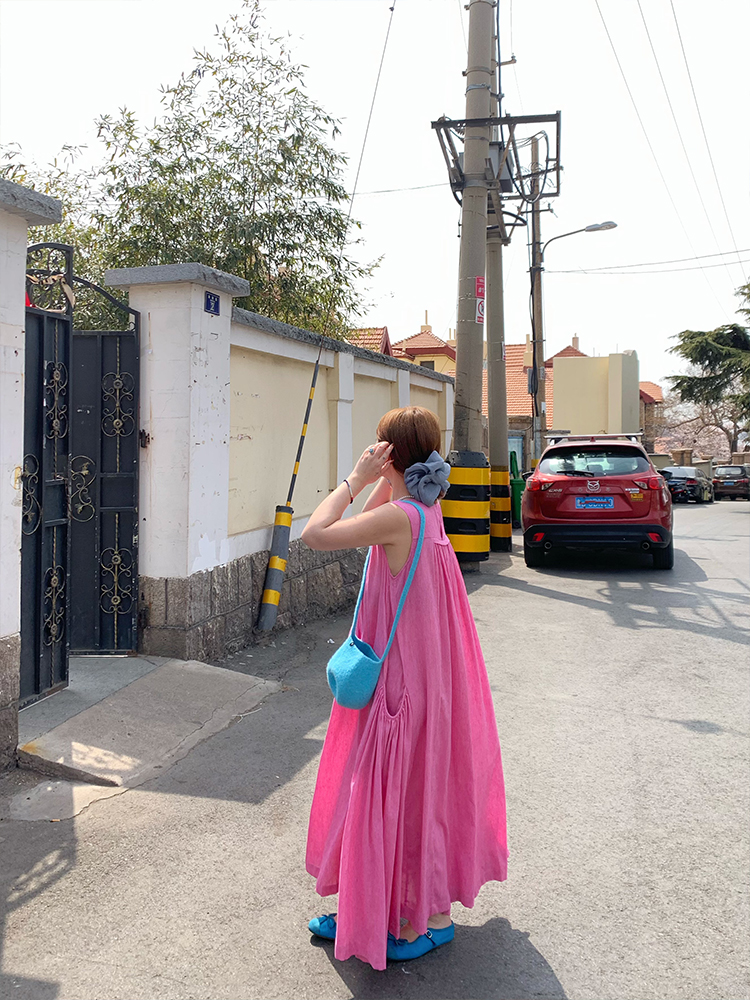 Blue Island Pink Makeup Retro Linen Vest Dress - Women's Summer Micro-Pleated A-Line Midi Dress, Vintage Style Fashion Blue Island Pink Makeup Retro Linen Vest Dress - Women's Summer Micro-Pleated A-Line Midi Dress, Vintage Style Fashion