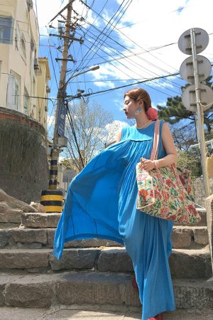 Blue Island Pink Makeup Retro Linen Vest Dress - Women's Summer Micro-Pleated A-Line Midi Dress, Vintage Style Fashion