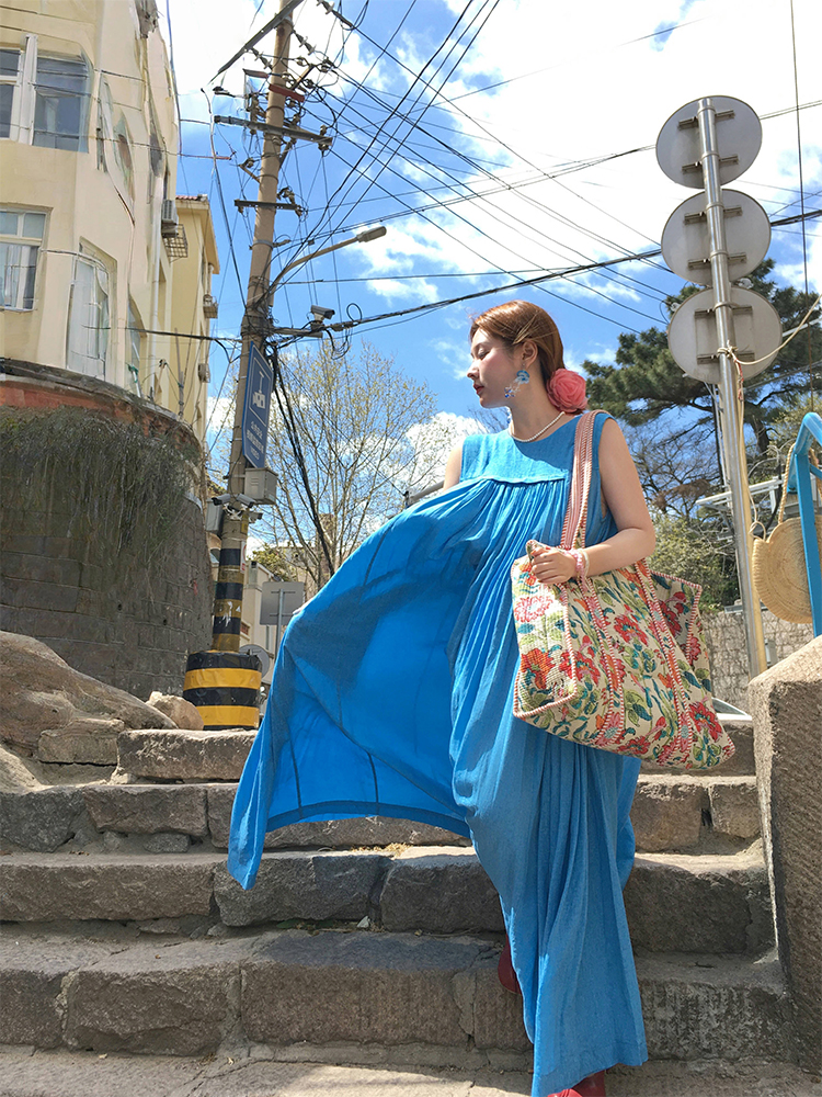 Blue Island Pink Makeup Retro Linen Vest Dress - Women's Summer Micro-Pleated A-Line Midi Dress, Vintage Style Fashion Blue Island Pink Makeup Retro Linen Vest Dress - Women's Summer Micro-Pleated A-Line Midi Dress, Vintage Style Fashion