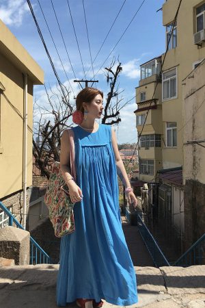 Blue Island Pink Makeup Retro Linen Vest Dress - Women's Summer Micro-Pleated A-Line Midi Dress, Vintage Style Fashion