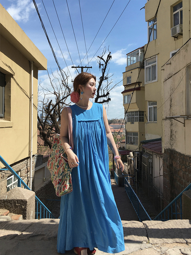 Blue Island Pink Makeup Retro Linen Vest Dress - Women's Summer Micro-Pleated A-Line Midi Dress, Vintage Style Fashion Blue Island Pink Makeup Retro Linen Vest Dress - Women's Summer Micro-Pleated A-Line Midi Dress, Vintage Style Fashion