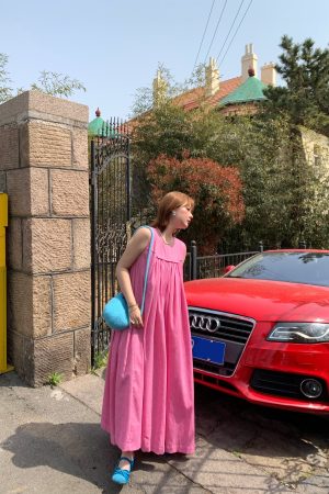 Blue Island Pink Makeup Retro Linen Vest Dress - Women's Summer Micro-Pleated A-Line Midi Dress, Vintage Style Fashion