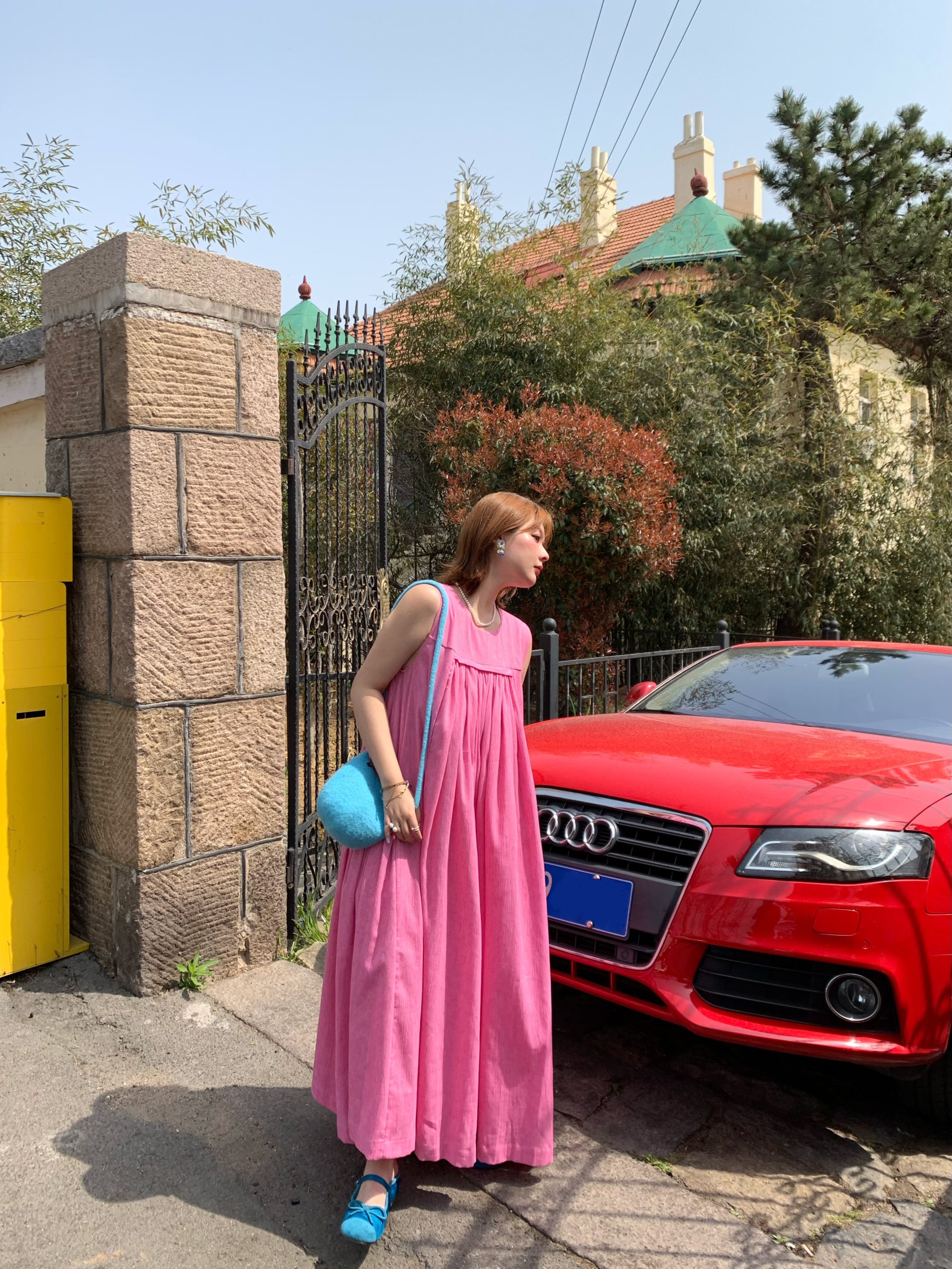 Blue Island Pink Makeup Retro Linen Vest Dress - Women's Summer Micro-Pleated A-Line Midi Dress, Vintage Style Fashion Blue Island Pink Makeup Retro Linen Vest Dress - Women's Summer Micro-Pleated A-Line Midi Dress, Vintage Style Fashion