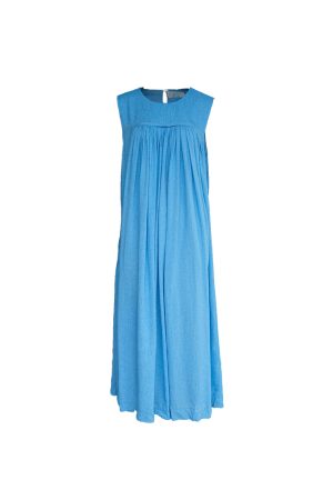 Blue Island Pink Makeup Retro Linen Vest Dress - Women's Summer Micro-Pleated A-Line Midi Dress, Vintage Style Fashion