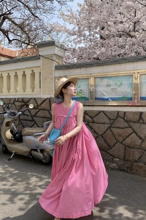Blue Island Pink Makeup Retro Linen Vest Dress - Women's Summer Micro-Pleated A-Line Midi Dress, Vintage Style Fashion