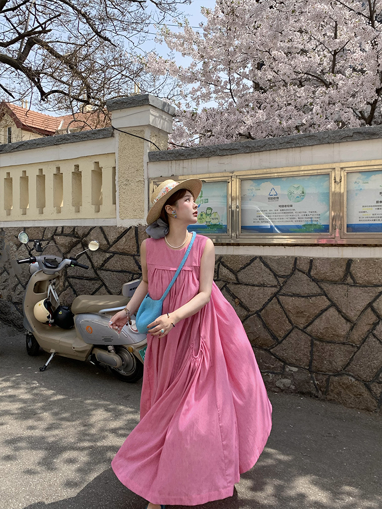 Blue Island Pink Makeup Retro Linen Vest Dress - Women's Summer Micro-Pleated A-Line Midi Dress, Vintage Style Fashion Blue Island Pink Makeup Retro Linen Vest Dress - Women's Summer Micro-Pleated A-Line Midi Dress, Vintage Style Fashion