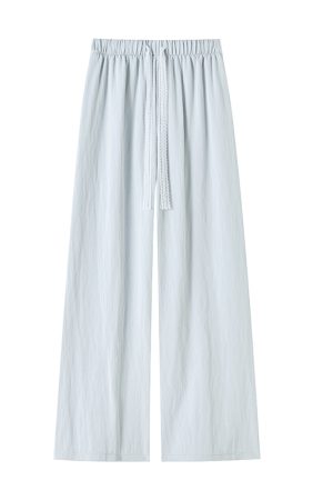 Blue Lace Drawstring High-Waisted Wide-Leg Ice Silk Cotton Linen Pants for Women - Summer Casual Floor-Length Trousers