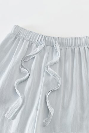 Blue Lace Drawstring High-Waisted Wide-Leg Ice Silk Cotton Linen Pants for Women - Summer Casual Floor-Length Trousers