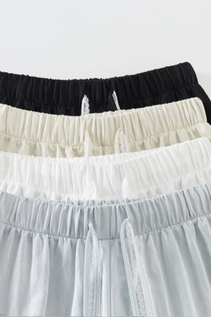 Blue Lace Drawstring High-Waisted Wide-Leg Ice Silk Cotton Linen Pants for Women - Summer Casual Floor-Length Trousers