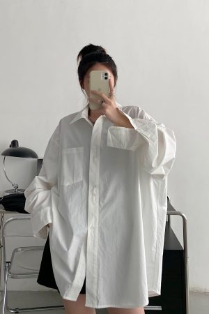 Blue Long Sleeve Shirt for Women - Thin Korean Style Blouse, Loose Casual Spring Autumn Top with Sun Grapefruit Design