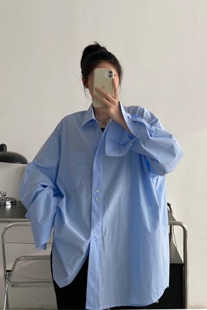 Blue Long Sleeve Shirt for Women - Thin Korean Style Blouse, Loose Casual Spring Autumn Top with Sun Grapefruit Design