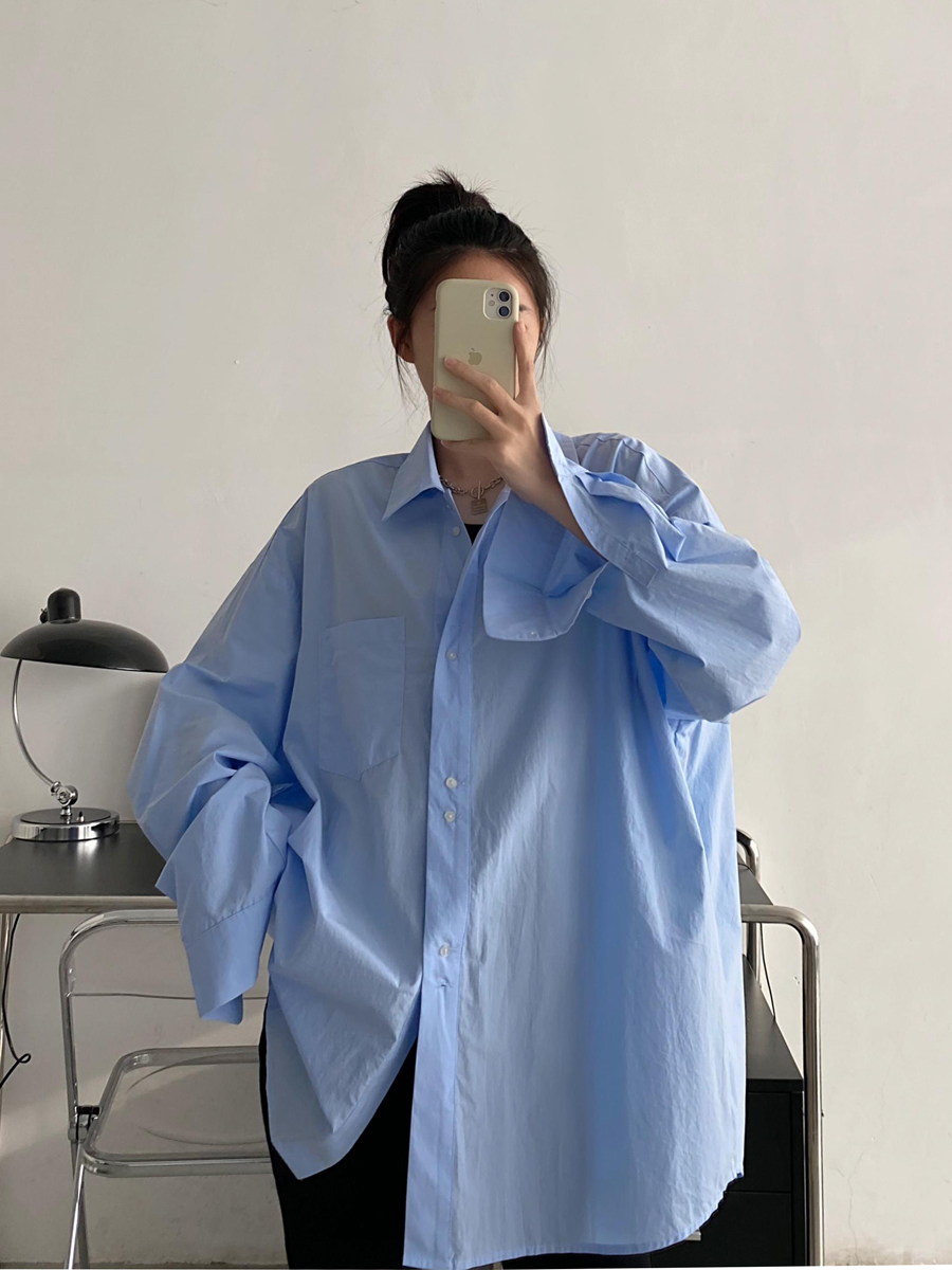 Blue Long Sleeve Shirt for Women - Thin Korean Style Blouse, Loose Casual Spring Autumn Top with Sun Grapefruit Design Blue Long Sleeve Shirt for Women - Thin Korean Style Blouse, Loose Casual Spring Autumn Top with Sun Grapefruit Design