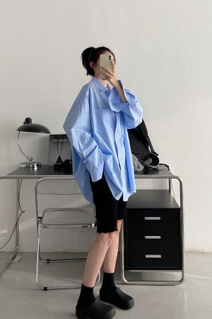 Blue Long Sleeve Shirt for Women - Thin Korean Style Blouse, Loose Casual Spring Autumn Top with Sun Grapefruit Design
