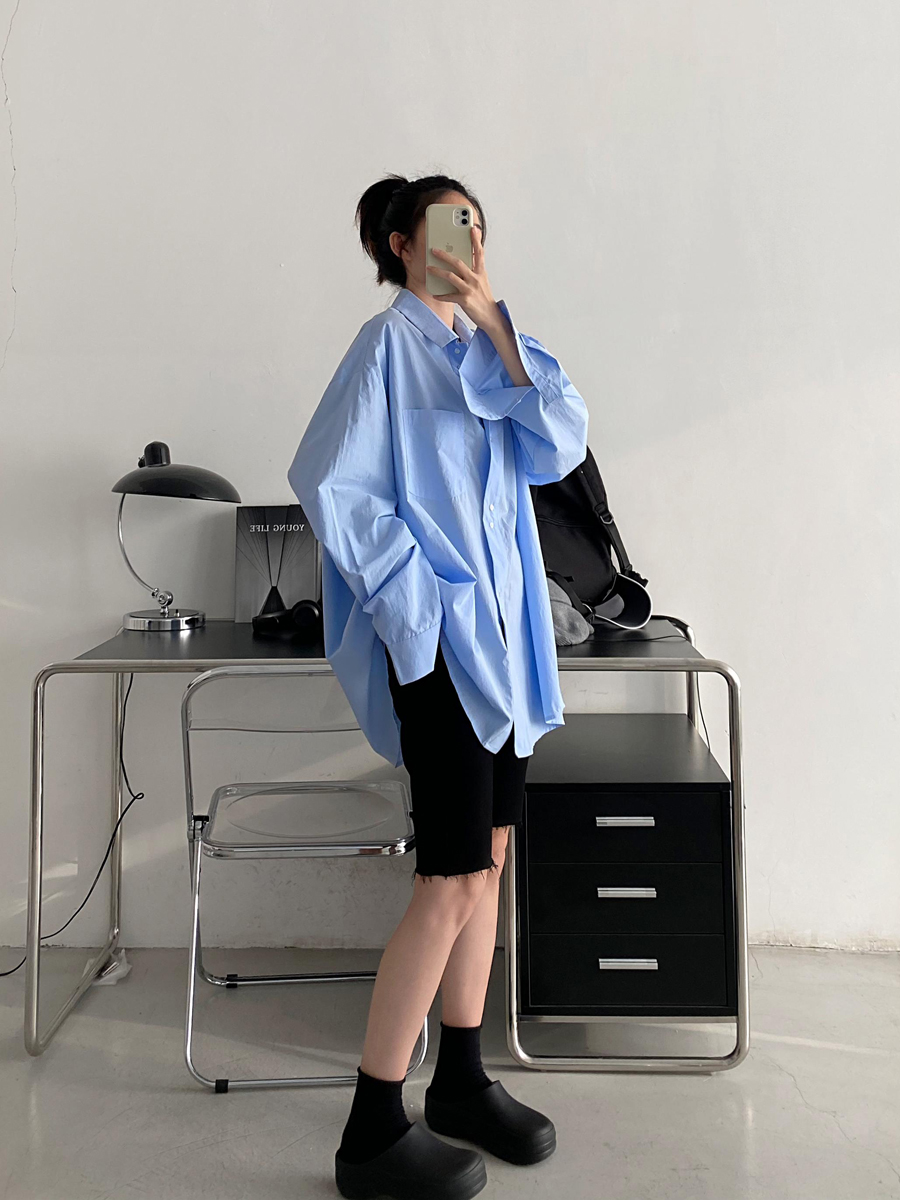 Blue Long Sleeve Shirt for Women - Thin Korean Style Blouse, Loose Casual Spring Autumn Top with Sun Grapefruit Design Blue Long Sleeve Shirt for Women - Thin Korean Style Blouse, Loose Casual Spring Autumn Top with Sun Grapefruit Design