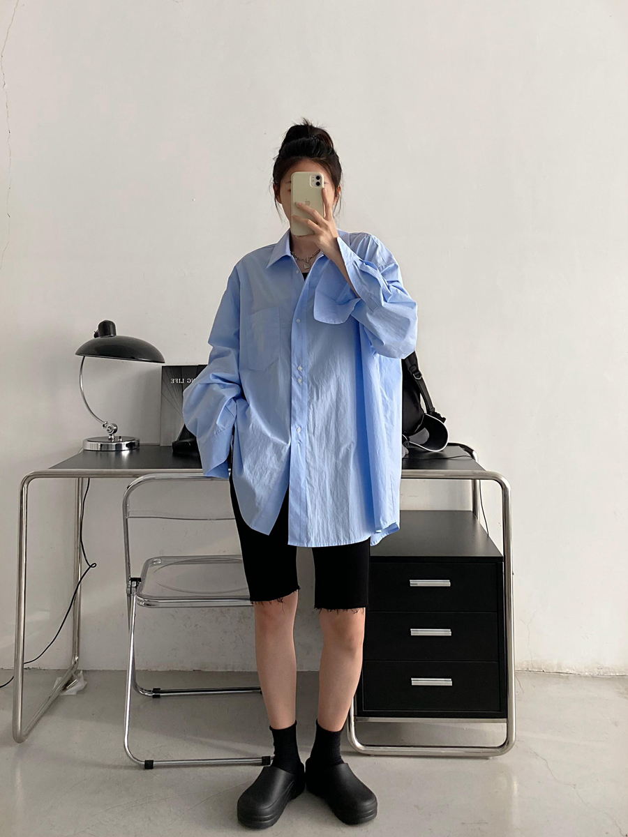 Blue Long Sleeve Shirt for Women - Thin Korean Style Blouse, Loose Casual Spring Autumn Top with Sun Grapefruit Design Blue Long Sleeve Shirt for Women - Thin Korean Style Blouse, Loose Casual Spring Autumn Top with Sun Grapefruit Design