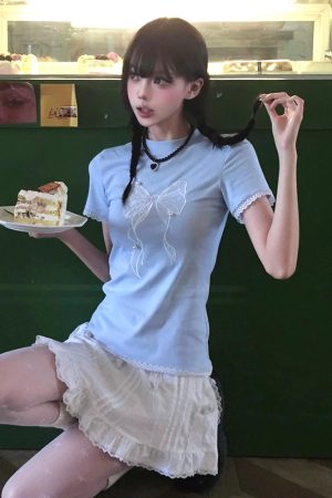 Blue Off-Shoulder Short Sleeve Summer T-Shirt for Women with Bow Lace, Slim Fit Flattering Sweet & Spicy Jazz Top