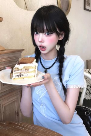 Blue Off-Shoulder Short Sleeve Summer T-Shirt for Women with Bow Lace, Slim Fit Flattering Sweet & Spicy Jazz Top