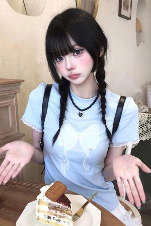 Blue Off-Shoulder Short Sleeve Summer T-Shirt for Women with Bow Lace, Slim Fit Flattering Sweet & Spicy Jazz Top