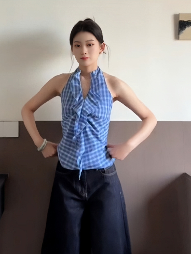 Blue Plaid Halter Neck Vest for Women - Summer Fitted V-Neck Sleeveless Top, Trendy and Flattering Style Blue Plaid Halter Neck Vest for Women - Summer Fitted V-Neck Sleeveless Top, Trendy and Flattering Style