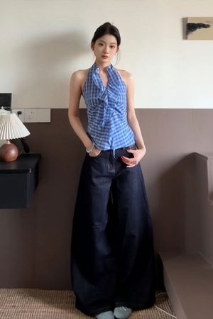 Blue Plaid Halter Neck Vest for Women - Summer Fitted V-Neck Sleeveless Top, Trendy and Flattering Style