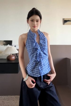 Blue Plaid Halter Neck Vest for Women - Summer Fitted V-Neck Sleeveless Top, Trendy and Flattering Style