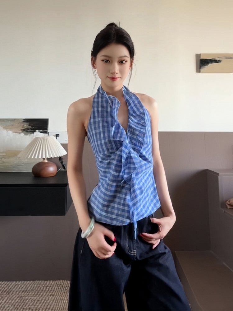 Blue Plaid Halter Neck Vest for Women - Summer Fitted V-Neck Sleeveless Top, Trendy and Flattering Style Blue Plaid Halter Neck Vest for Women - Summer Fitted V-Neck Sleeveless Top, Trendy and Flattering Style