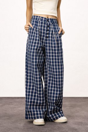Blue Plaid Straight Leg Pants for Women - Summer Loose Fit BF Style Inspired by Captain Zhao Lusi