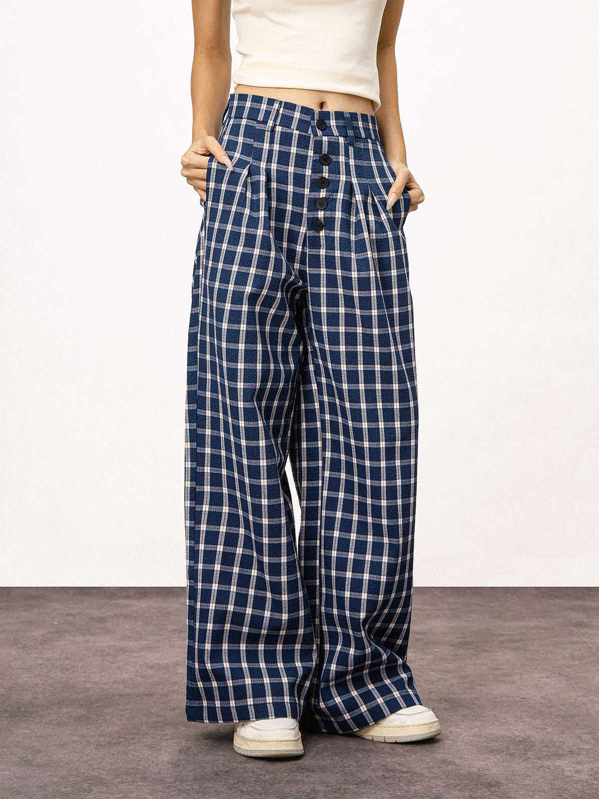 Blue Plaid Straight Leg Pants for Women - Summer Loose Fit BF Style Inspired by Captain Zhao Lusi Blue Plaid Straight Leg Pants for Women - Summer Loose Fit BF Style Inspired by Captain Zhao Lusi