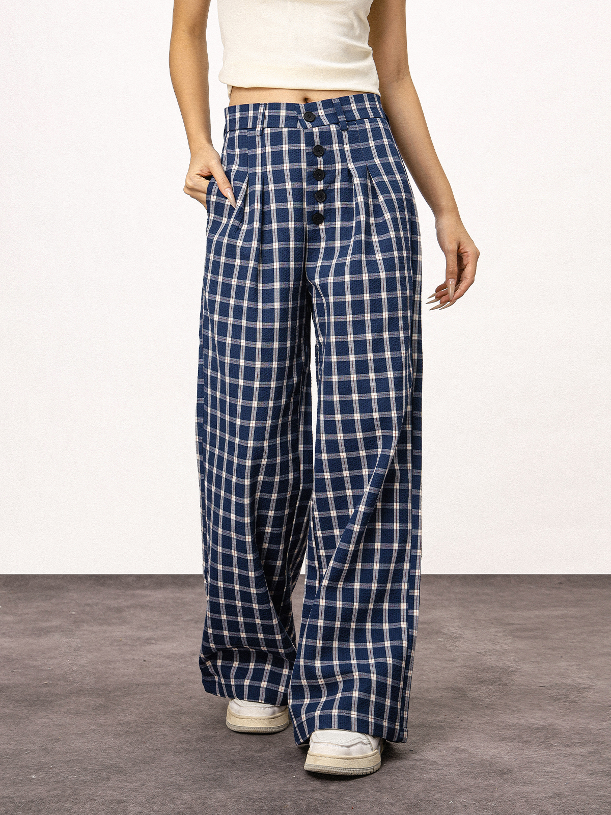 Blue Plaid Straight Leg Pants for Women - Summer Loose Fit BF Style Inspired by Captain Zhao Lusi Blue Plaid Straight Leg Pants for Women - Summer Loose Fit BF Style Inspired by Captain Zhao Lusi