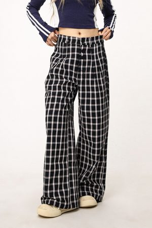 Blue Plaid Straight Leg Pants for Women - Summer Loose Fit BF Style Inspired by Captain Zhao Lusi