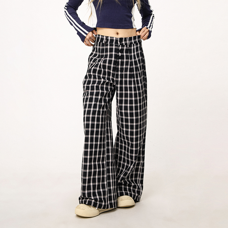 Blue Plaid Straight Leg Pants for Women - Summer Loose Fit BF Style Inspired by Captain Zhao Lusi Blue Plaid Straight Leg Pants for Women - Summer Loose Fit BF Style Inspired by Captain Zhao Lusi