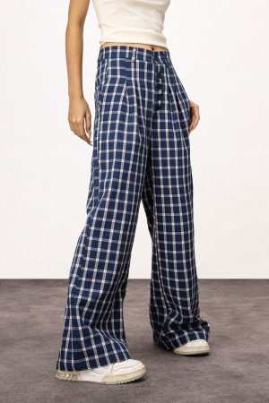 Blue Plaid Straight Leg Pants for Women - Summer Loose Fit BF Style Inspired by Captain Zhao Lusi