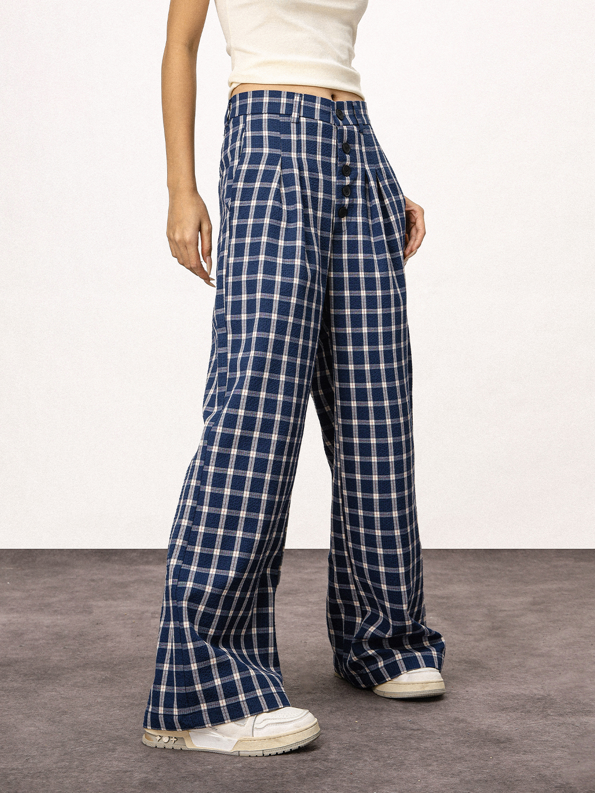 Blue Plaid Straight Leg Pants for Women - Summer Loose Fit BF Style Inspired by Captain Zhao Lusi Blue Plaid Straight Leg Pants for Women - Summer Loose Fit BF Style Inspired by Captain Zhao Lusi