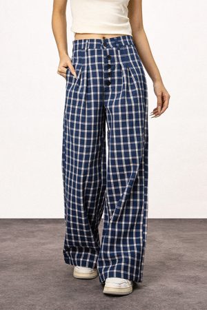 Blue Plaid Straight Leg Pants for Women - Summer Loose Fit BF Style Inspired by Captain Zhao Lusi
