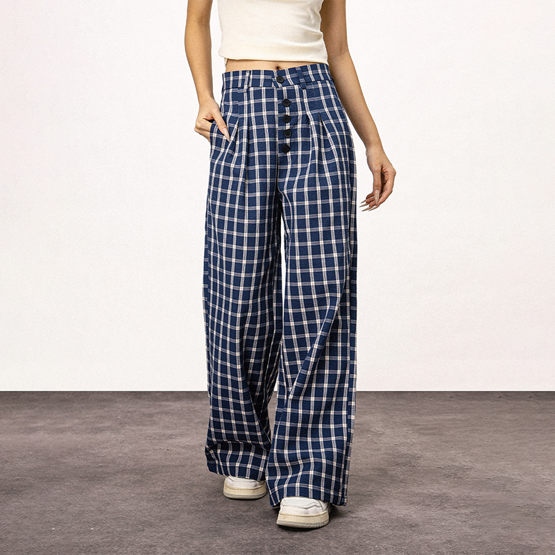 Blue Plaid Straight Leg Pants for Women - Summer Loose Fit BF Style Inspired by Captain Zhao Lusi Blue Plaid Straight Leg Pants for Women - Summer Loose Fit BF Style Inspired by Captain Zhao Lusi