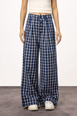 Blue Plaid Straight Leg Pants for Women - Summer Loose Fit BF Style Inspired by Captain Zhao Lusi