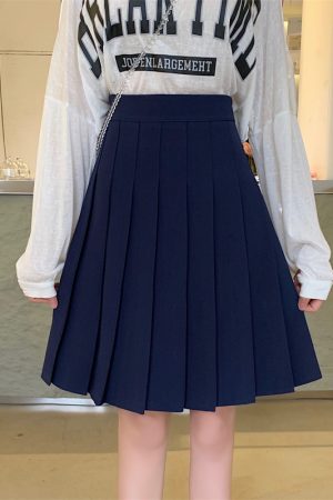 Blue Pleated Mid-Length A-Line Skirt for Spring and Summer, High-Waisted, Hip-Covering, Slimming JK Style Umbrella Skirt