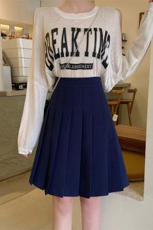 Blue Pleated Mid-Length A-Line Skirt for Spring and Summer, High-Waisted, Hip-Covering, Slimming JK Style Umbrella Skirt