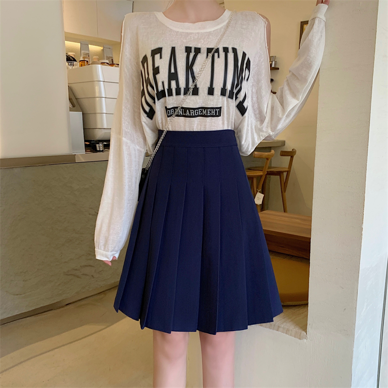 Blue Pleated Mid-Length A-Line Skirt for Spring and Summer, High-Waisted, Hip-Covering, Slimming JK Style Umbrella Skirt Blue Pleated Mid-Length A-Line Skirt for Spring and Summer, High-Waisted, Hip-Covering, Slimming JK Style Umbrella Skirt