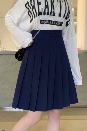 Blue Pleated Mid-Length A-Line Skirt for Spring and Summer, High-Waisted, Hip-Covering, Slimming JK Style Umbrella Skirt