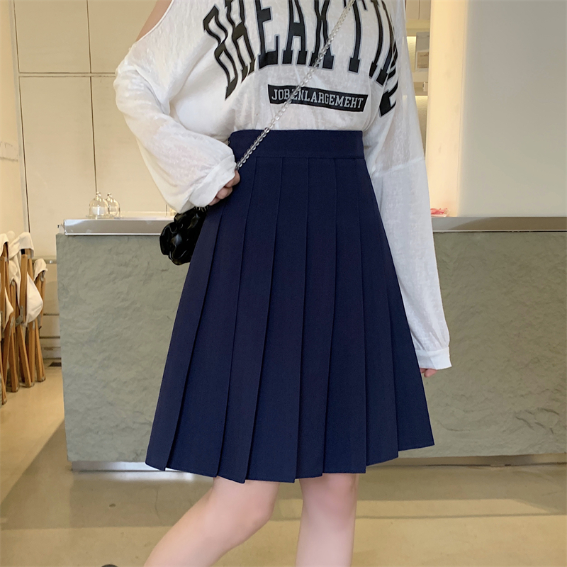 Blue Pleated Mid-Length A-Line Skirt for Spring and Summer, High-Waisted, Hip-Covering, Slimming JK Style Umbrella Skirt Blue Pleated Mid-Length A-Line Skirt for Spring and Summer, High-Waisted, Hip-Covering, Slimming JK Style Umbrella Skirt